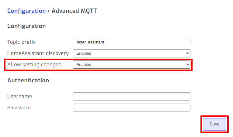 Disable MQTT setting changes in SolarAssistant