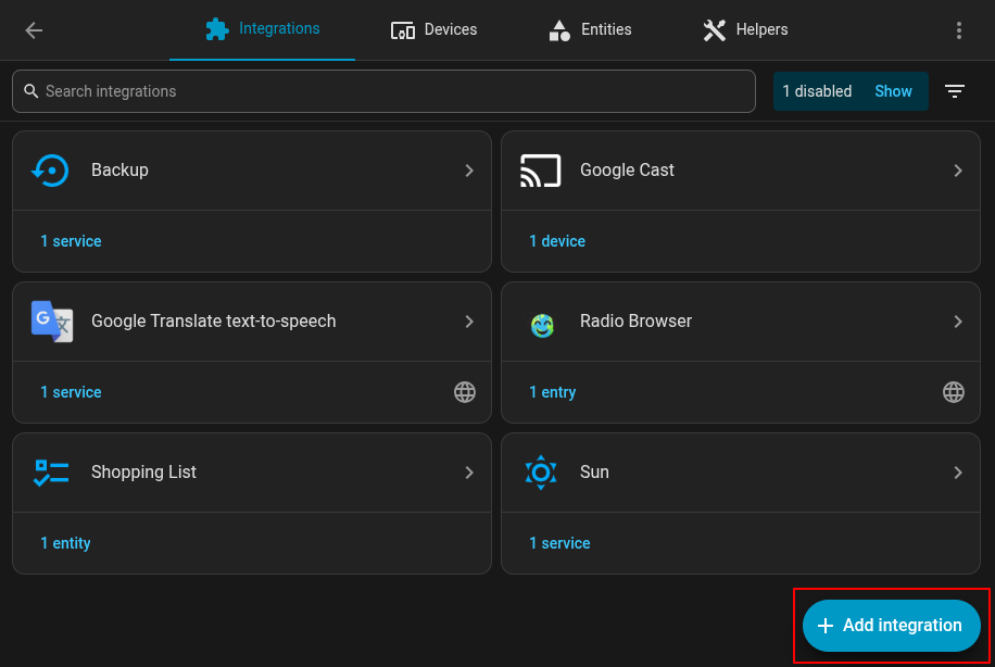 Add integration button in Home Assistant