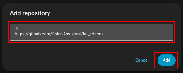 Add repository dialog with the SolarAssistant add-on URL