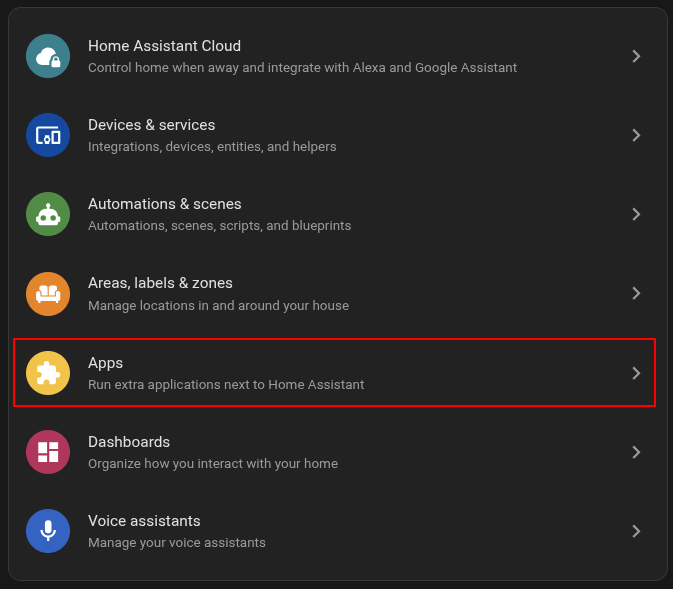 Apps settings item in Home Assistant