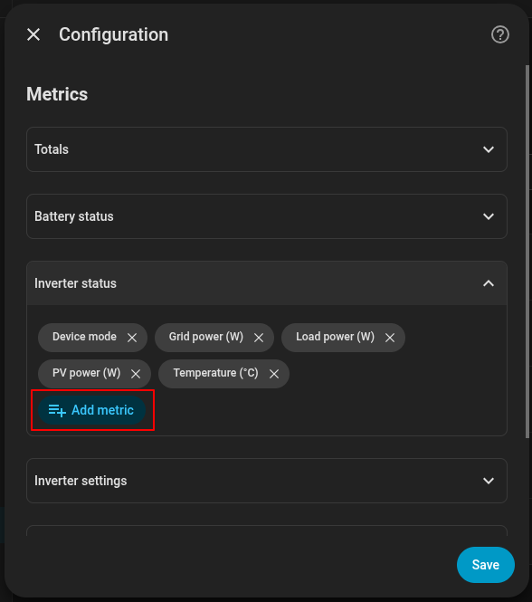 Adding metrics in the SolarAssistant integration configuration dialog
