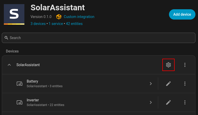 Configure gear icon on the SolarAssistant integration