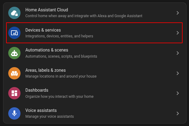 Devices and services item in Home Assistant settings