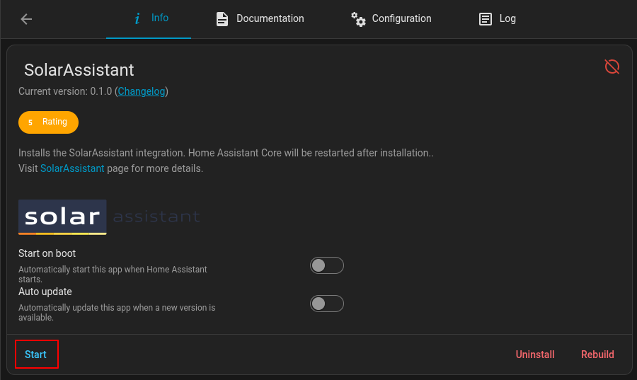 Start button on the SolarAssistant add-on page
