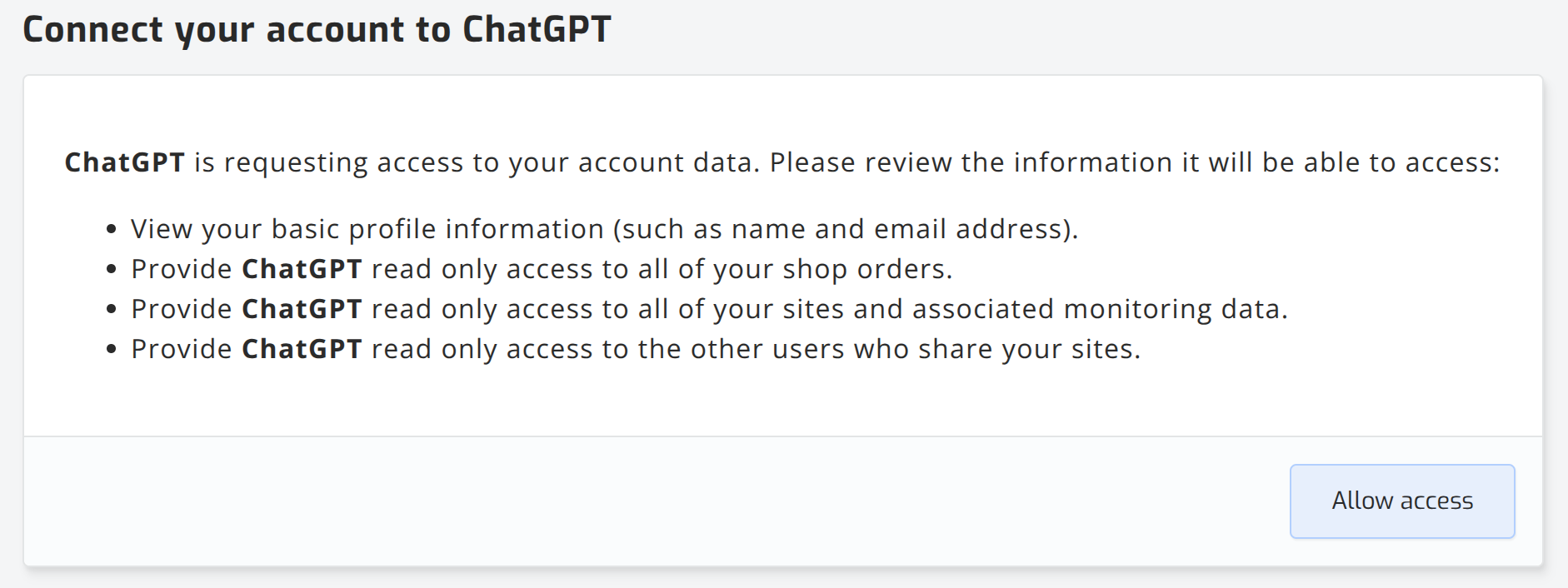 The SolarAssistant page asking you to allow ChatGPT access to your account