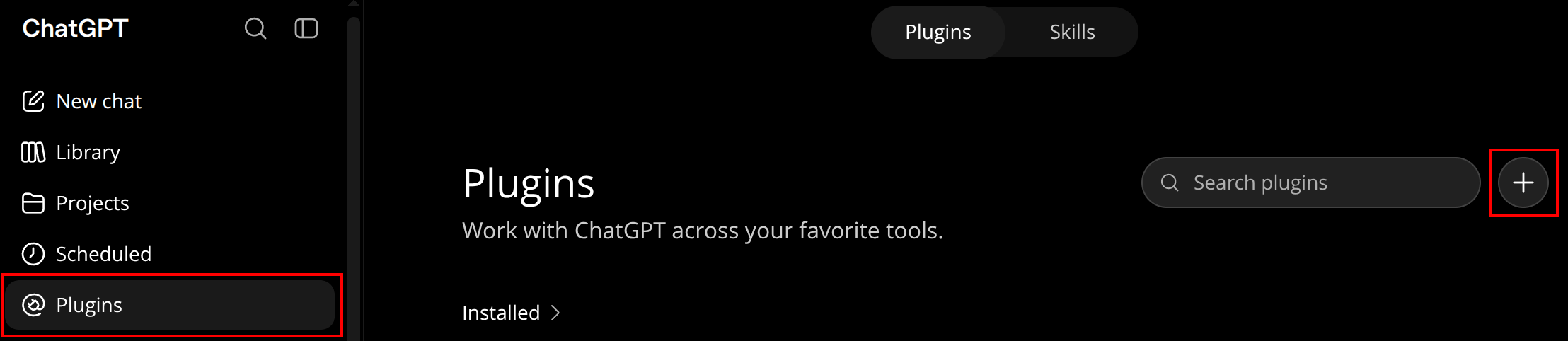 Plugins in the ChatGPT menu on the left, and the plus button on the Plugins page