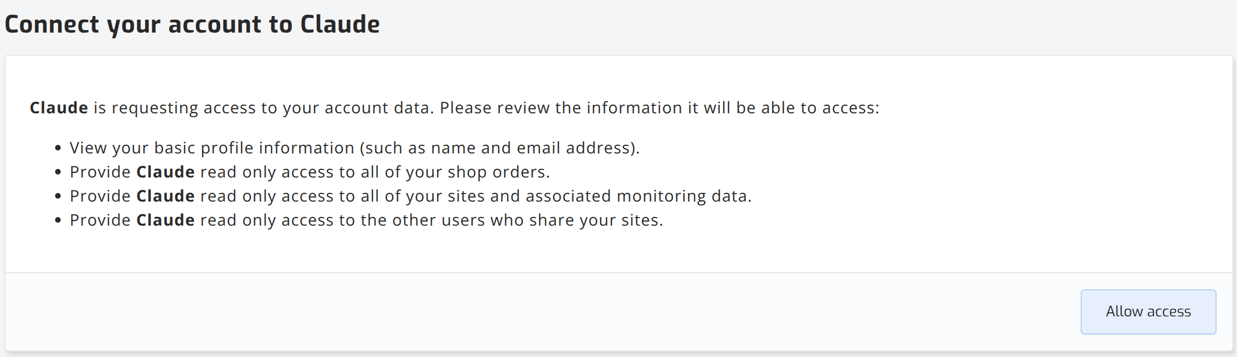 The SolarAssistant page asking you to allow Claude access to your account