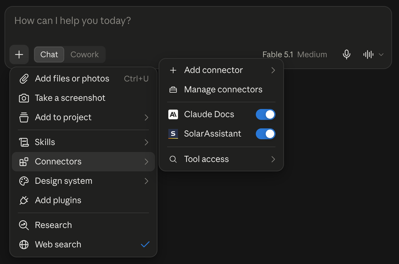 The SolarAssistant connector switched on in the connectors menu