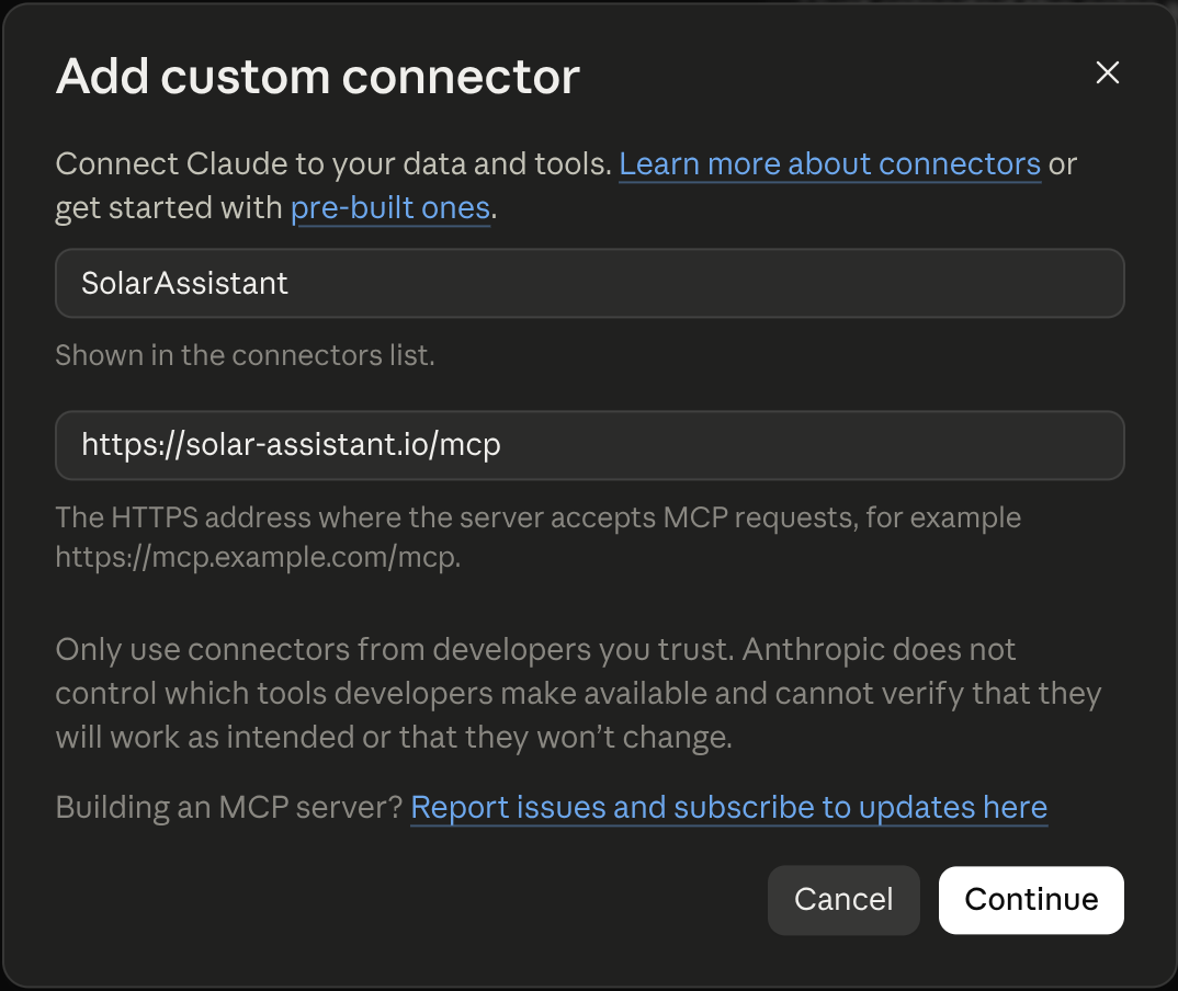 The Add custom connector dialog with the SolarAssistant name and address filled in