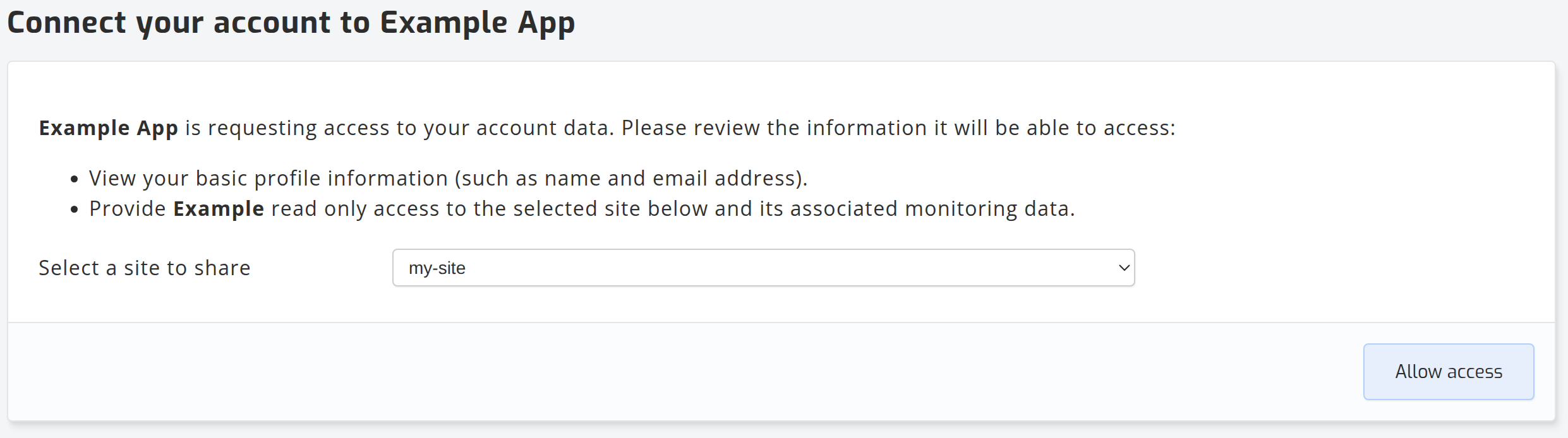 The SolarAssistant page asking the user to select a site and allow access