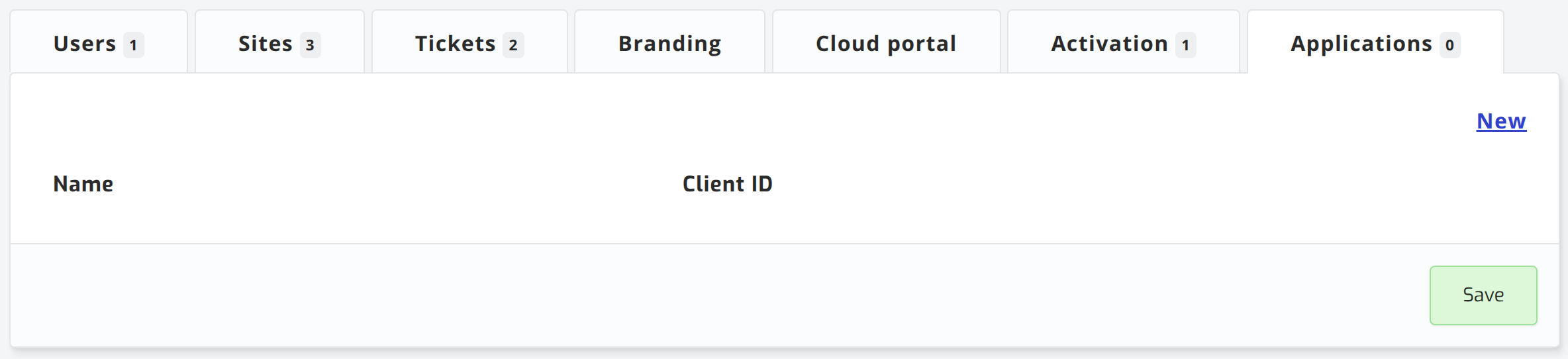 The Applications tab of an organization with the New link