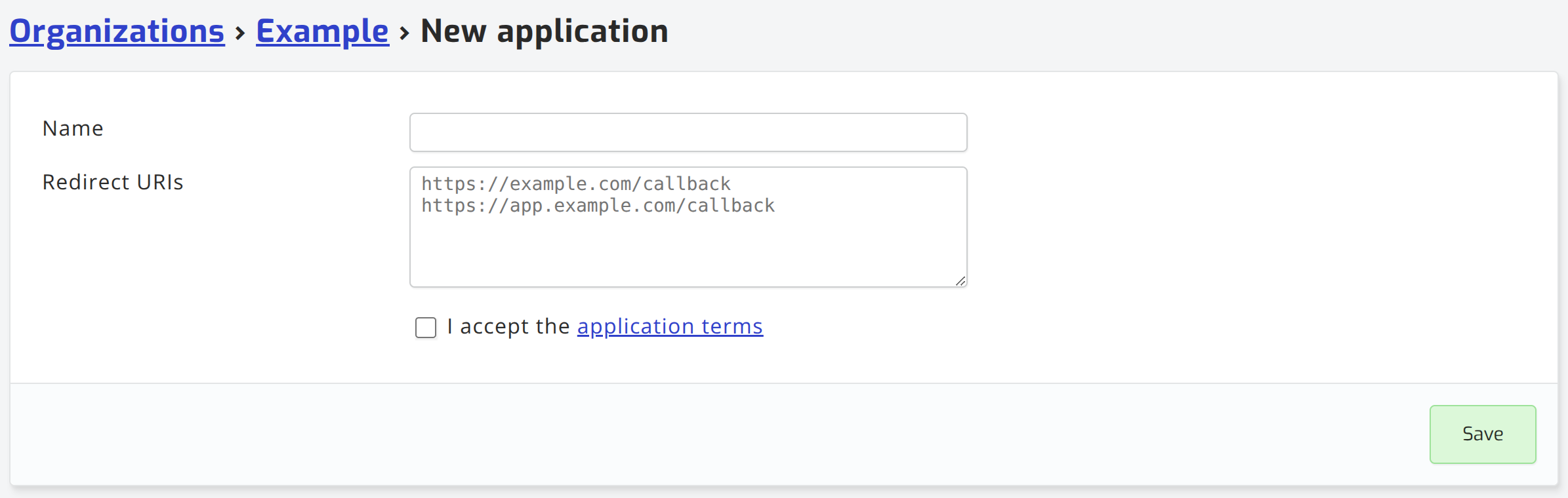The New application form with the Name and Redirect URIs fields