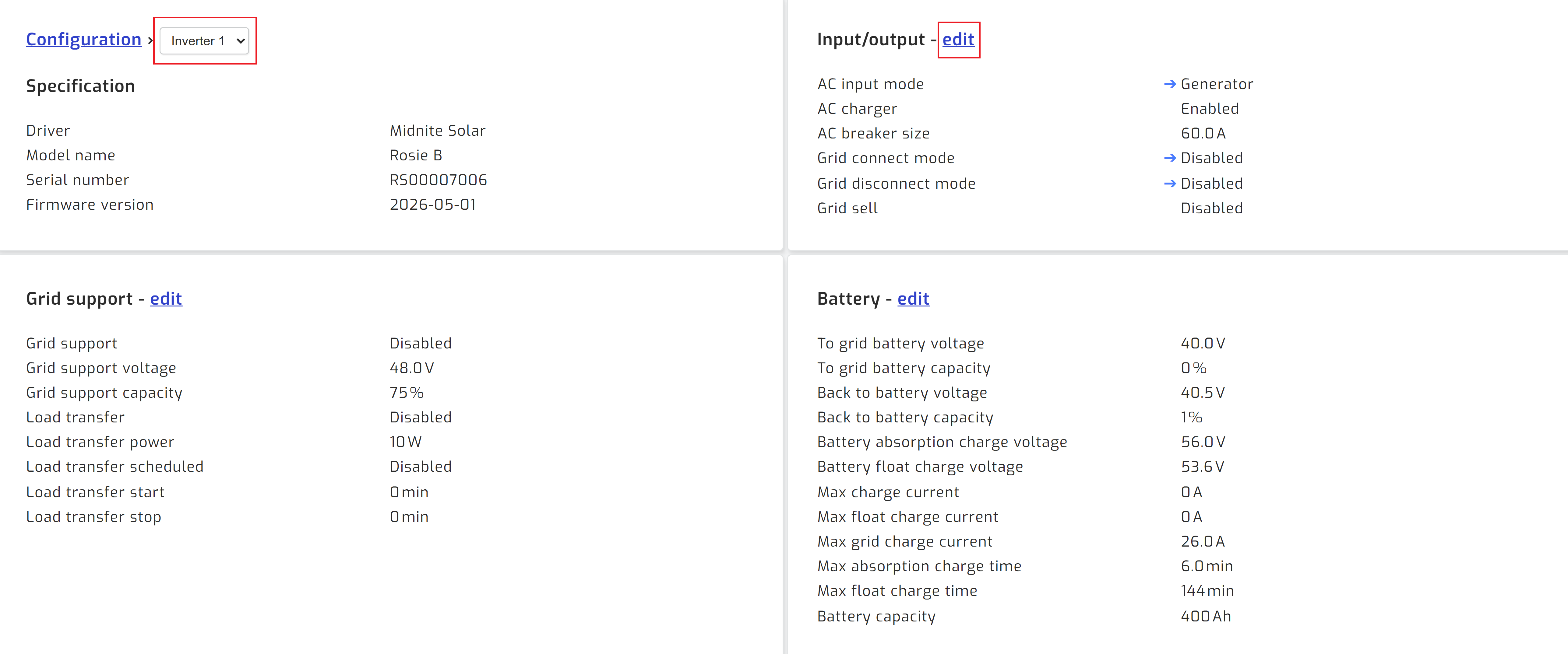 Edit inverter setting