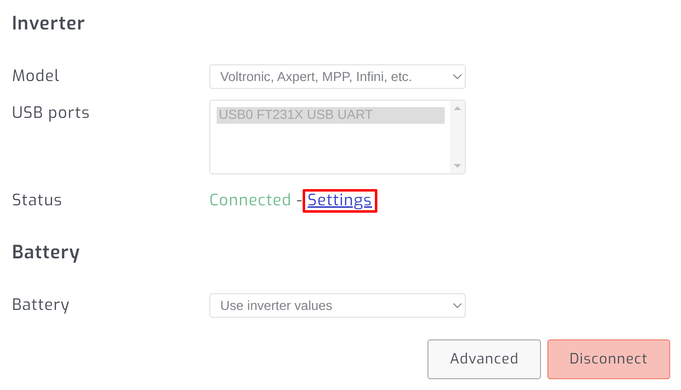 Open Voltronic inverter settings